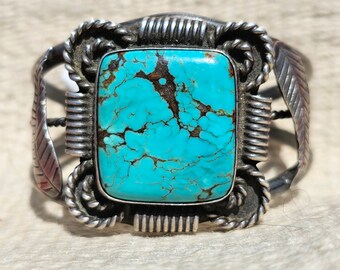 Big Square Turquoise and Unusual Silverwork on this Vintage Native Cuff Old Pawn. JB 356
