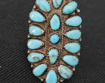 Zuni Pettipoint Blue Turquoise Silver Ring Vintage Sterling Old Pawn Size 9 1/2 JR 769