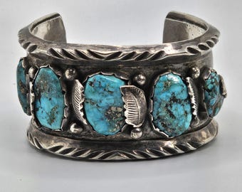 Solid Native Sterling Cuff Blue Morenci Turquoise Vintage Old Pawn 6 3/4" wrist