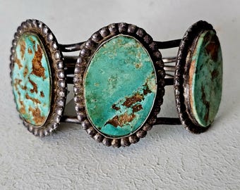 3 Unusual Turquoise Stones Vintage Native Old Pawn Cuff  fits 6 1/2" wrist. JB 249