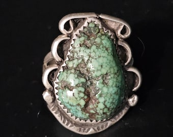 Green Nugget Turquoise 1950s Native Ring Size 6 Old Pawn. JR 714