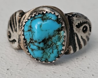 Unusual Old Cast Silver Blue Turquoise Vintage Ring Old Pawn Size 11 1/2 JR 262