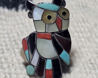 Owl Zuni Inlay Esalio Vintage Native Ring Size 7 1/2 Old Pawn