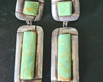 Green Turquoise Vintage Silver Earrings Native Old Pawn. # JE 627