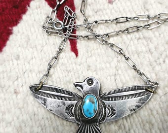 1930s Vintage Thunderbird Blue Turquoise Native Necklace Old Pawn JN 845