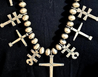 Large Vintage Pueblo Cross Necklace Old Pawn Sterling. C1970s JN 657