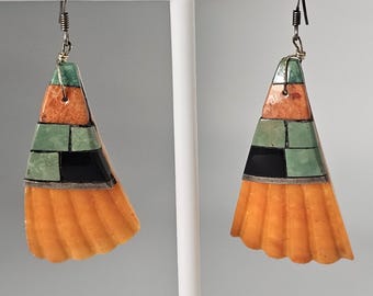 Pueblo Inlay Spiny Oyster Vintage Native Earrings Old Pawn JE 547