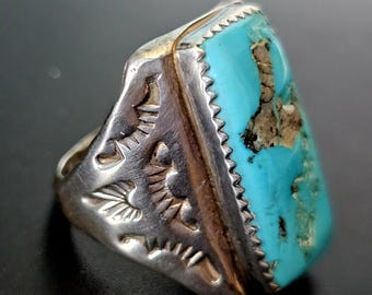 Blue Turquoise Cast Silver Vintage Ring Size 11 Old Pawn JR 444