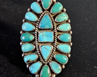 1930s Big Zuni Cluster Old Greasy Blue Turquoise Vintage Ring Old Pawn Size 10  JR 656