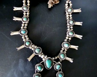 Green Turquoise Vintage Squash Blossom Necklace Old Pawn Sterling JN 784