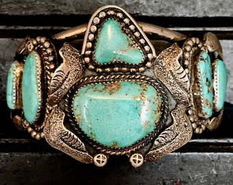 Unique Design Native Turquoise Vintage Silver Cuff Old Pawn Size 6 1/4