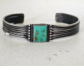 Antique Rail Silver and Cerrillos Turquoise Native Cuff Bracelet 6 1/2" wrist. JB 791