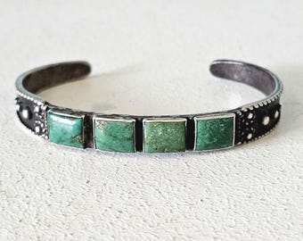 Cerrillos Turquoise Cast Silver Harvey Era Native Bracelet Old Pawn fits 6 1/4" wrist. JB 104