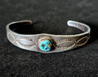 1920s Hand Forged Ingot Silver and Turquoise Native Cuff Bracelet Coin Silver. 6 1/2" wrist. JB 219