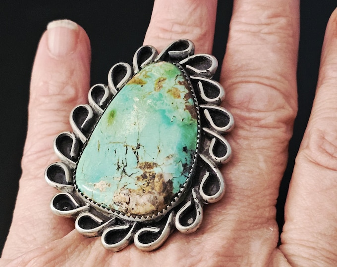 Featured listing image: Glorious Big Turquoise Statement Vintage Navajo Ring Old Pawn Size 8. JR 798