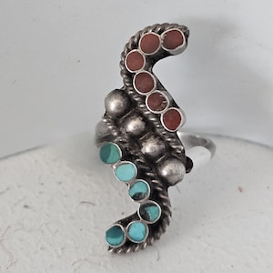 Coral and Turquoise Dishta Vintage Sterling Band Old Pawn Size 5 JR 203