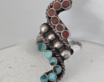 Coral and Turquoise Dishta Vintage Sterling Band Old Pawn Size 5 JR 203