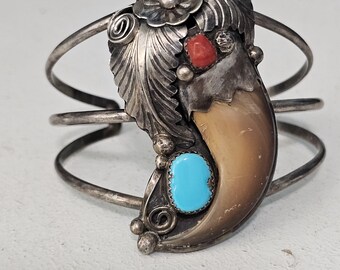 Long Bearclaw Turquoise & Coral Silver Vintage Cuff Sterling Old Pawn fits 6" wrist  JB 49