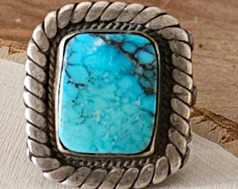 Big Ingot Coin Silver Blue Turquoise Vintage Man Native Ring Size 10 1/2