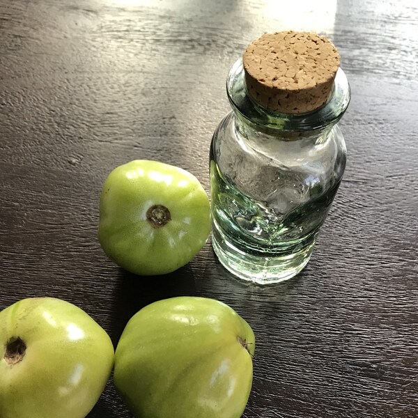 Vintage aromatherapy/craft/spice recycled green glass jars (Made in Spain) with cork closure (SET of 5)