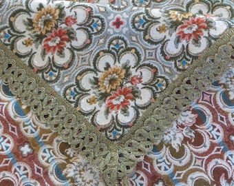 Rare 4'x5' Beautiful brocade Gobelin tablecloth with gold edge. Vintage mid century German with a Petit Point Golden Edge, never used.