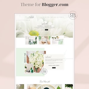 Puede incluir: Una plantilla de sitio web para blogueros con un diseño floral sobre un fondo blanco. El sitio web incluye secciones para sobre mí, publicaciones de blog y un mensaje de bienvenida. El texto "Bienvenido al sitio de plantilla de Cheryl" se muestra en el sitio web.
