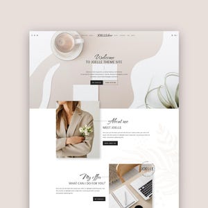 Könnte beinhalten: Webdesign in neutralen Farbtönen mit dem Text "Welcome to Joelle Theme Site". Das Layout umfasst Abschnitte mit der Bezeichnung "About me" und "My offer" sowie ein Foto einer Person und eines Laptops.