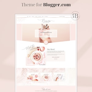 Puede incluir: Una plantilla de diseño de sitio web rosa y blanco para bloggers. El sitio web presenta un diseño floral, una botella de perfume y una llamada a la acción para suscribirse. El texto en el sitio web dice "Something beautiful to say", "Meet the author", "Hey there!" y "Subscribe now!"