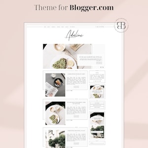 May include: A website design template for bloggers, featuring a minimalist aesthetic with a white background and black text. The template includes a header with the title "Adeline" and a navigation bar. The main content area features a grid of images and text, with a focus on lifestyle and food photography. The website also includes a footer with social media links and copyright information.