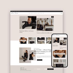 May include: A website design featuring a blog layout with a neutral color palette. The site includes sections for fashion, lifestyle, and blog posts. A mobile phone displays the website's responsive design. The text reads "Aria Dark".