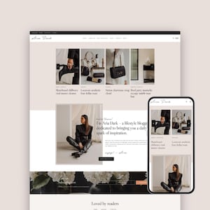 Op de afbeelding: Website-ontwerp voor een lifestyle blog, weergegeven op een laptop en een smartphone. De header van de website luidt "Aria Dark". De site bevat afbeeldingen van modeaccessoires en een vrouw in een zwarte outfit. De tekst luidt "I'm Aria Dark - a lifestyle blogger dedicated to bringing you a daily spark of inspiration."