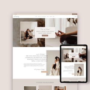 Könnte beinhalten: Ein Website-Design-Mockup auf einem Laptop und Tablet, mit einer neutralen Farbpalette mit Beige- und Brauntönen. Die Website wirbt für Wellness und enthält Bilder von Yoga und Meditation. Der Text lautet: "BRAUCHEN SIE EINE AUSZEIT FÜR KÖRPER UND GEIST?"