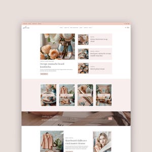 Peut inclure: Conception de site web à l'esthétique douce et féminine. La mise en page présente une palette de couleurs rose clair et blanche, avec des images de fleurs, d'articles de mode et de contenu lifestyle. Le texte comprend "Aria", "Occupy mustache beard kombucha" et "Skateboard chillwave viral master cleanse".