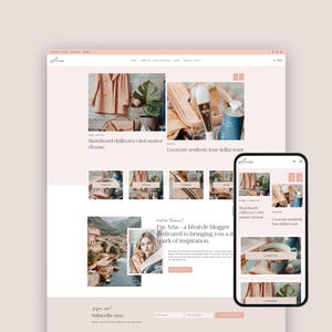 Könnte beinhalten: Webdesign in zarten Rosa- und Weißtönen. Die Website "Aria" zeigt Blogbeiträge mit Bildern und Text, einschließlich einer mobilen Ansicht. Texte umfassen "Skateboard chillwave viral master cleanse" und "Locavore aesthetic four dollar toast."