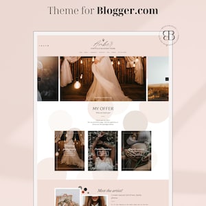 Op de afbeelding: Een website-homepage voor een fotograaf die zijn portfolio en diensten presenteert. De website heeft een lichtroze achtergrond met een witte kop- en voettekst. De koptekst bevat de naam van de fotograaf, "Amber", en de titel van de website, "Portfolio Blogger Theme". De homepage toont een grote afbeelding van een bruid in een witte jurk, een sectie met de titel "My Offer" en een sectie met de titel "Meet the Artist!" De homepage bevat ook een portfolio-sectie met kleinere afbeeldingen van het werk van de fotograaf.