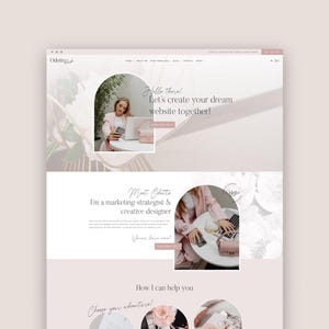 May include: A website design featuring a soft pink and white color scheme. The page includes the text "Hello there! Let's create your dream website together!" and "Meet Odette, I'm a marketing strategist & creative designer."