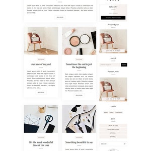 Op de afbeelding: Een website-homepage voor een lifestyleblog genaamd "Sarah". De website heeft een lichtroze en witte kleurschema met een minimalistisch ontwerp. De homepage bevat een  geplaatst bericht, categorie&euml;n, populaire berichten en een sectie voor Instagram.