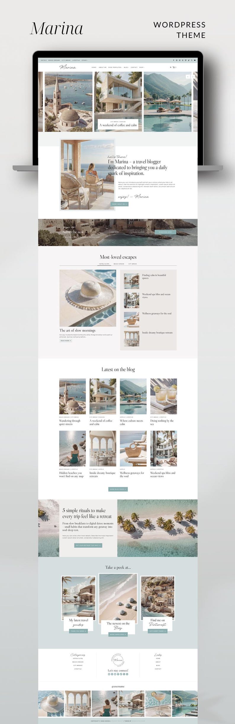 Travel lifestyle blog WordPress theme with feminine aesthetic design, Kadence template for slow living, travel bloggers and content creators