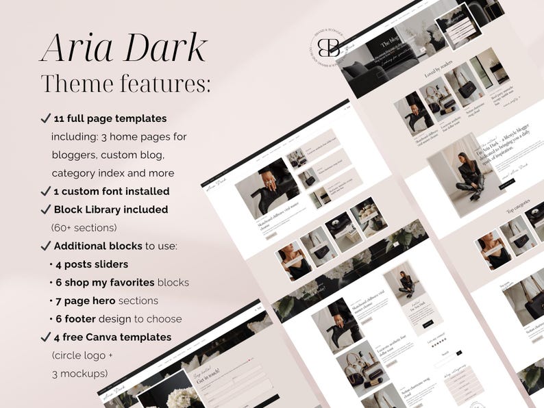Aria Dark WordPress blog theme for fashion, lifestyle and beauty bloggers – feminine Kadence editorial magazine template for influencers