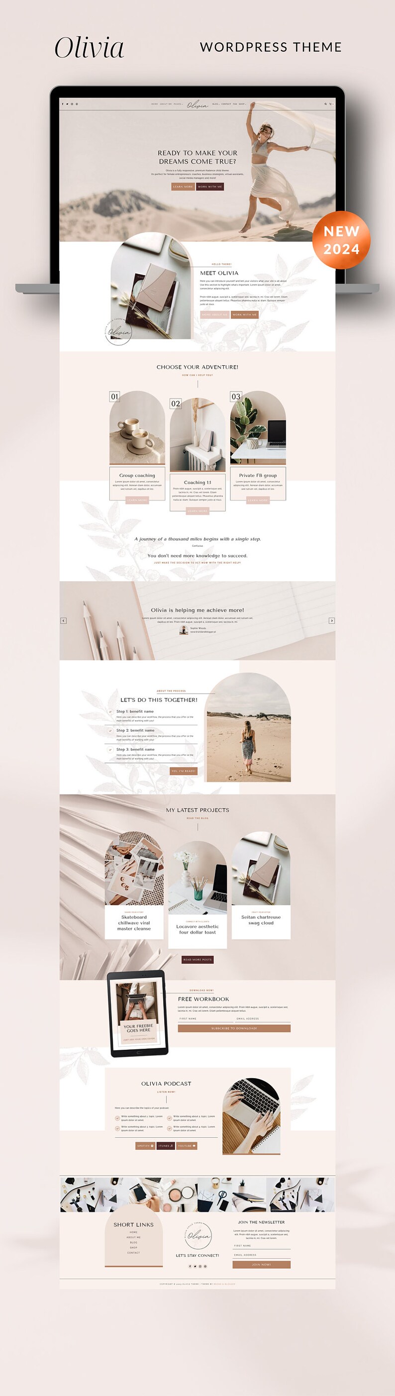 Olivia is a feminine WordPress Kadence child theme for: coaches, business strategists, creative designers, virtual assistants, social media managers, podcasters, creators of digital products (ebook, courses), service providers bloggers and more!