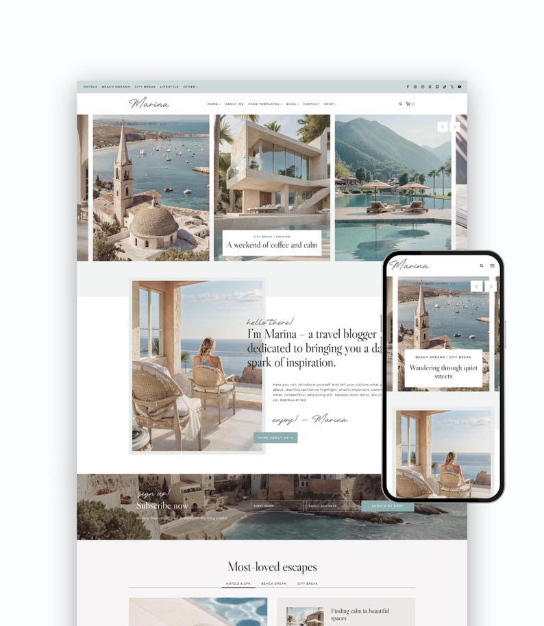 travel blog website template wordpress kadence theme for lifestyle bloggers feminine aesthetic design