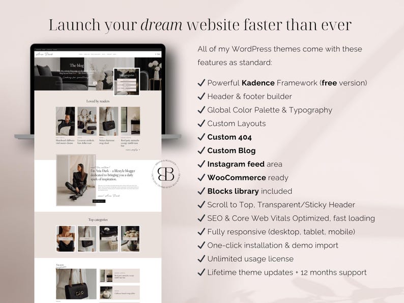 Aria Dark WordPress blog theme for fashion, lifestyle and beauty bloggers – feminine Kadence editorial magazine template for influencers