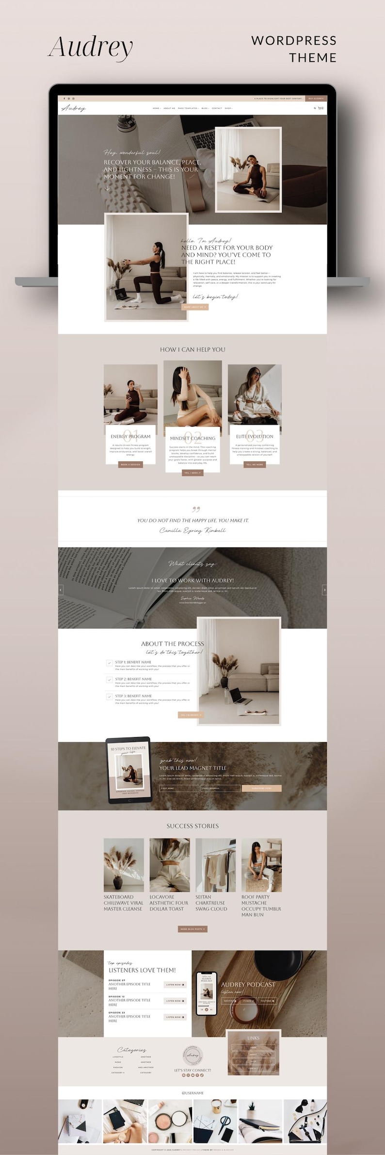 Audrey is a feminine WordPress child theme, designed for: coaches, yoga and fitness instructors, wellness therapists, but also for podcasters, creators of digital products (ebook, courses), business strategists, designers and other female entrepreneurs! This elegant, modern Kadence child theme comes with 19 full page templates (including funnel pages) and with an access to a blocks library - over 120 prestyled sections!