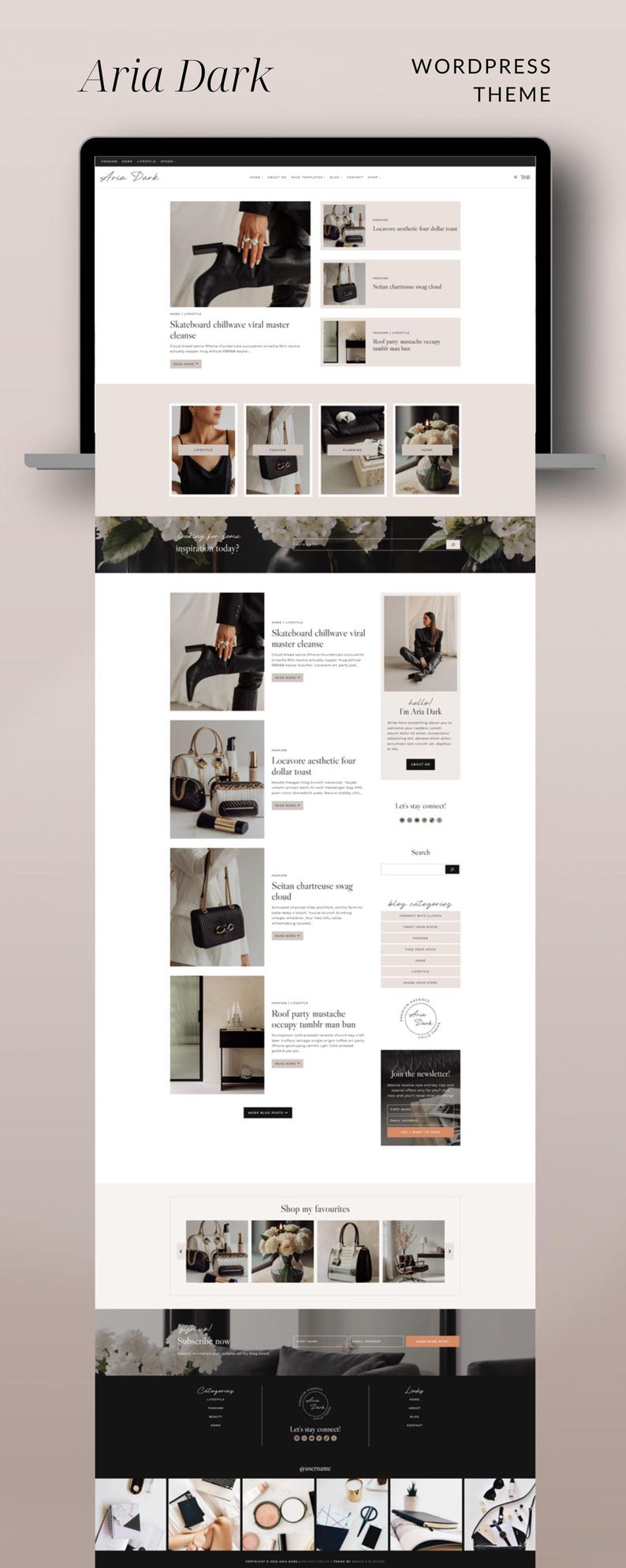 Aria Dark WordPress blog theme for fashion, lifestyle and beauty bloggers – feminine Kadence editorial magazine template for influencers