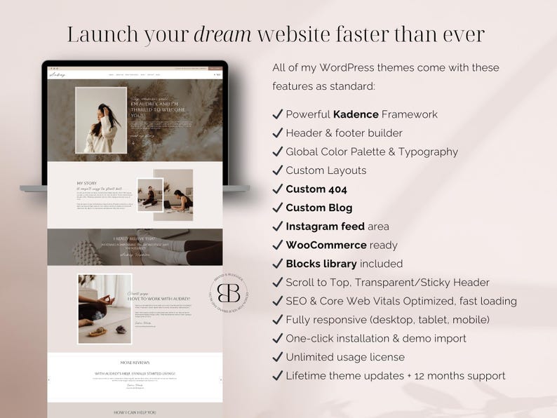 Audrey is a feminine WordPress child theme, designed for: coaches, yoga and fitness instructors, wellness therapists, but also for podcasters, creators of digital products (ebook, courses), business strategists, designers and other female entrepreneurs! This elegant, modern Kadence child theme comes with 19 full page templates (including funnel pages) and with an access to a blocks library - over 120 prestyled sections!