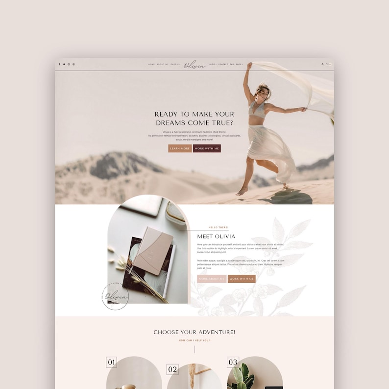 Feminine Coaching WordPress Theme, Kadence Child Theme for Coach, WordPress Blog Theme, Business Website Template, Podcast Website, Ecommerce template, Woocommerce Template, Olivia Kadence Child Theme by Brand & Blogger, Feminine Coaching WordPress template, Ecommerce Website Template, Business WordPress template for business strategists, creative designers, virtual assistants, social media managers, podcasters, creators of digital products (ebook, courses), service providers