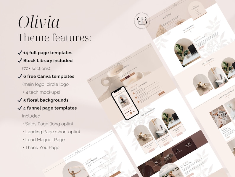 Olivia is a feminine WordPress Kadence child theme for: coaches, business strategists, creative designers, virtual assistants, social media managers, podcasters, creators of digital products (ebook, courses), service providers bloggers and more!