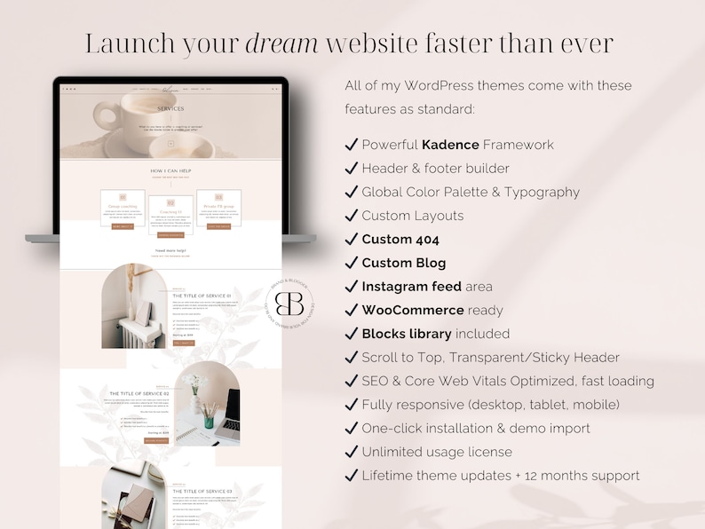 Olivia is a feminine WordPress Kadence child theme for: coaches, business strategists, creative designers, virtual assistants, social media managers, podcasters, creators of digital products (ebook, courses), service providers bloggers and more!