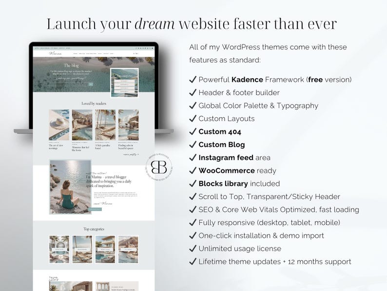 fast website setup wordpress theme kadence template no coding blog design for beginners travel bloggers and lifestyle creators