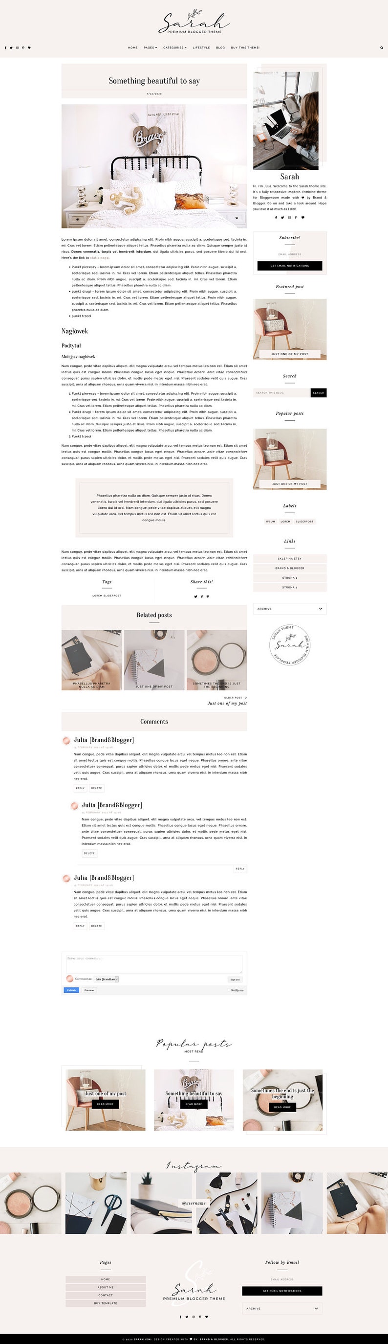 Op de afbeelding: Een blogpost met de titel "Something beautiful to say" met een foto van een slaapkamer met een bed, een nachtkastje en een hartvormig bord met de tekst "Brave".